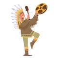 Native American Shaman Kid Character Wears A Vibrant, Fringed Buckskin Outfit With Tribal Symbols, Hold A Tambourine