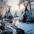 Native american tee pee village with water in snowy forest, AI Generated