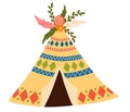 Native American teepee tent. Kids wigwam tent with flowers and feathers. Indian tent Royalty Free Stock Photo
