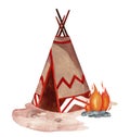 Native American tepee with campfire closeup