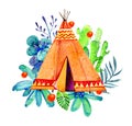 Two Native American tipis. Stylized hand drawn watercolor illustration set