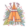 Native American tipi with succulents, plants and weapons on background. Vector hand drawn outline color doodle sketch illustration Royalty Free Stock Photo