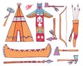 Native American traditional objects. Wigwam, totem pole, canoe, weapons. Color vector hand drawn outline sketch illustration set