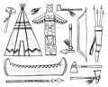 Native American traditional objects. Wigwam, totem pole, canoe, weapons. Vector hand drawn outline sketch illustration set Royalty Free Stock Photo