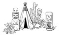 Native American traditional settlements. Tipi, totem poles and cactuses. Vector hand drawn outline doodle sketch illustration Royalty Free Stock Photo