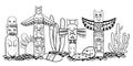 Native American traditional totem poles and catuses. Vector outline Hand drawn doodle sketch illustration Royalty Free Stock Photo