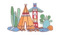 Native American traditional village. Tipi, totem pole and cactuses. Vector color hand drawn outline doodle sketch illustration Royalty Free Stock Photo