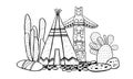 Native American traditional village. Tipi, totem pole and cactuses. Vector hand drawn outline doodle sketch illustration Royalty Free Stock Photo