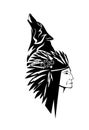 Native american shaman chief and howling wolf black and white vector portrait design