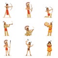 Native American Tribe Members In Traditional Indian Clothing With Weapons And Other Cultural Objects Set Of Cartoon