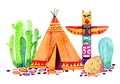 Native American village. Tipi, totem pole and cactuses. Hand drawn watercolor illustration