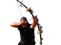 Native American archer pulling an arrow with his bow in a white background. Royalty Free Stock Photo