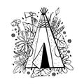 Native American wigwam with succulents, flowers and weapons on background. Vector hand drawn outline doodle sketch illustration