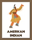 Native american woman dancing traditional tribal dance in Indian ethnic clothes with feather, Vector illustration