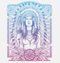 Native American Woman Warrior with Tribal frame. Vector Illustration for Tshirts Royalty Free Stock Photo