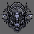 Native American Woman Warrior with Tribal frame. Vector Illustration for Tshirts Royalty Free Stock Photo