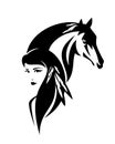 native american woman and wild horse head black and white vector design