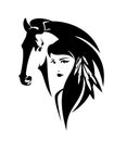 Native american woman and wild horse head black and white vector portrait