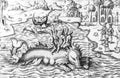 Native Americans riding a sea monster at Nova Typis Transacta Navigatio by Caspar Plautius, 1621