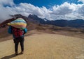 Native in colorful clothes enjoys scenery, andes mountain range
