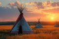 Native elegance Teepee in North American prairies at sunset