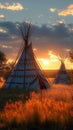 Native elegance Teepee in North American prairies at sunset