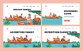 Native Indian American Children Swim on Canoe Landing Page Template Set. Indigenous Kids Characters Wear Costumes