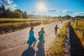 Native Indigenous happy school girl and boy run in traditional colorful dress, Mexico, America Royalty Free Stock Photo