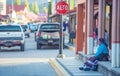 Native Indigenous old lady in traditional dress in colorful city street, in Creel, Mexico, America Royalty Free Stock Photo