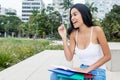 Native latin american female student ith an idea outdoors on cam Royalty Free Stock Photo