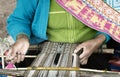 Native Peruvian Woman Weaving Intricate Llama Wool Garments Using A Traditional Hand Loom Royalty Free Stock Photo