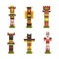 Native Tall Wooden Animal Totem as Sacred Indian Symbol Vector Set