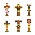 Native Tall Wooden Animal Totem as Sacred Indian Symbol Vector Set