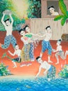 Native Thai mural painting of Songkran festival