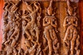 Native Thai style carving, painting on church door in the temple Royalty Free Stock Photo