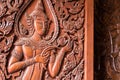 Native Thai style carving, painting on church door in the temple Royalty Free Stock Photo