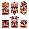 Hawaiian and Polynesia Tiki head totem vector design set- tribal folk art in brown on white background