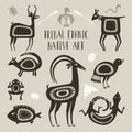 Native totem animals. Tribal ethnic animal drawings, lizard deer fish frog goat bird drawn totems beast symbols