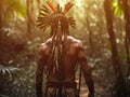 Native tribe warrior in rainforest jungle, rear view generative ai