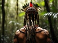 Native tribe warrior in rainforest jungle, rear view generative ai