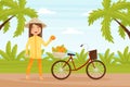 Native Vietnamese Woman Character in Straw Conical Hat Selling Ripe Orange Fruit from Bike Vector Illustration Royalty Free Stock Photo