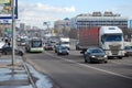 The Native of the Volga region bus moving on the allocated strip on Volokolamskoye Highway. Moscow