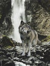 Native wild grey wolf stands on a rock outcrop surveying the land with a cascading waterfall in the background.