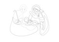 Christmas nativity scene of Joseph and Mary holding baby Jesus, hand drawn sketch, one line drawing. Vector isolated on white Royalty Free Stock Photo