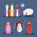 Nativity, characters family and wise kings manger cartoon Royalty Free Stock Photo