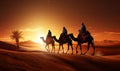 A nativity Christmas illustration of three wise men magi on their journey Royalty Free Stock Photo