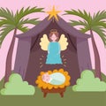 Nativity, cute baby jesus and angel in hut cartoon