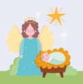 Nativity, cute baby jesus angel and stars cartoon