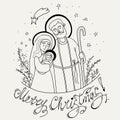 Nativity of Jesus Christ. Vector illustration of Holy Family of Nativity Virgin Mary, Joseph and baby Jesus. Linear hand