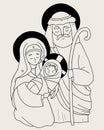 Nativity of Jesus Christ. Vector illustration of Holy Family - Virgin Mary, old man Joseph and baby Jesus. Linear hand